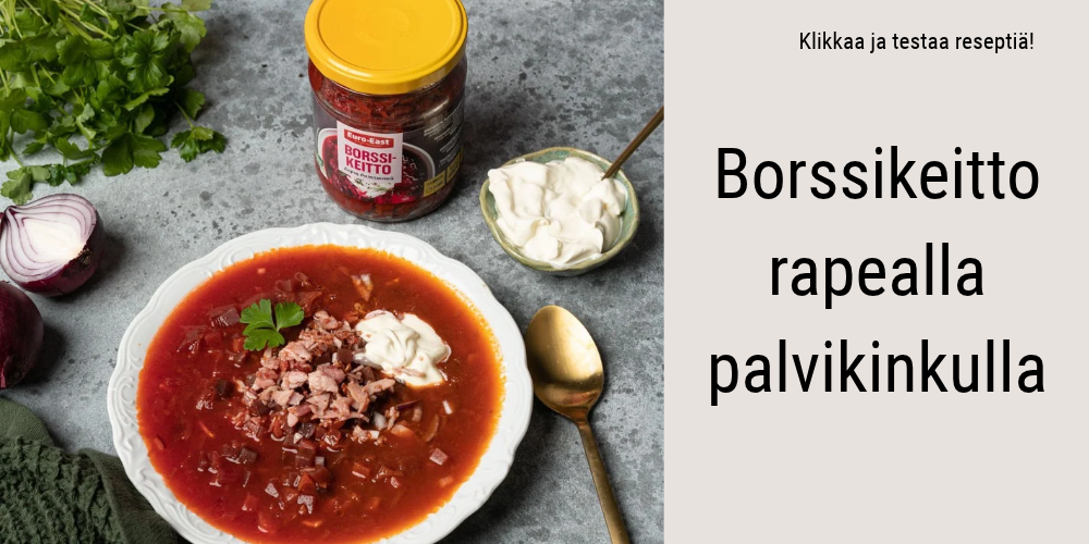 Borssikeitto rapealla palvikinkulla -reseptin kuva, jossa borssikeitto on kauniisti aseteltuna lautaselle borssikeittopurkin viereen.