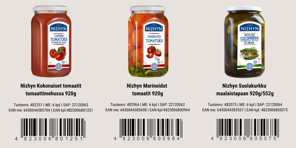 Nizhynin vihannessäilykkeet tuotekuvina.