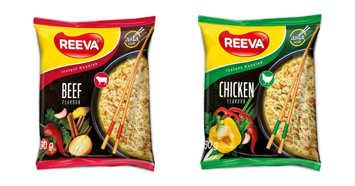 REEVA-nuudelit tuotepakkauksisssaan, makuina nauta ja kana.