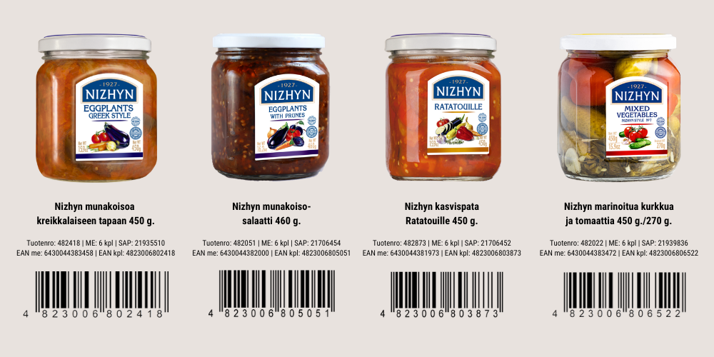 Nizhynin vihannessäilykkeet tuotekuvina.